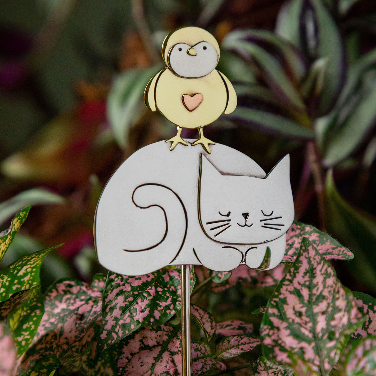 Sleeping Cat & Bird Metal Plant Stake