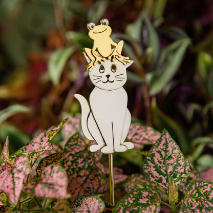 Cat & Frog Mixed-Metal Plant Stake