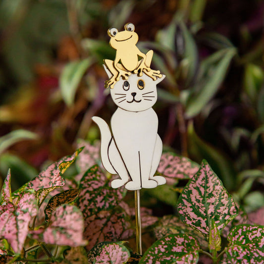 Cat & Frog Mixed-Metal Plant Stake