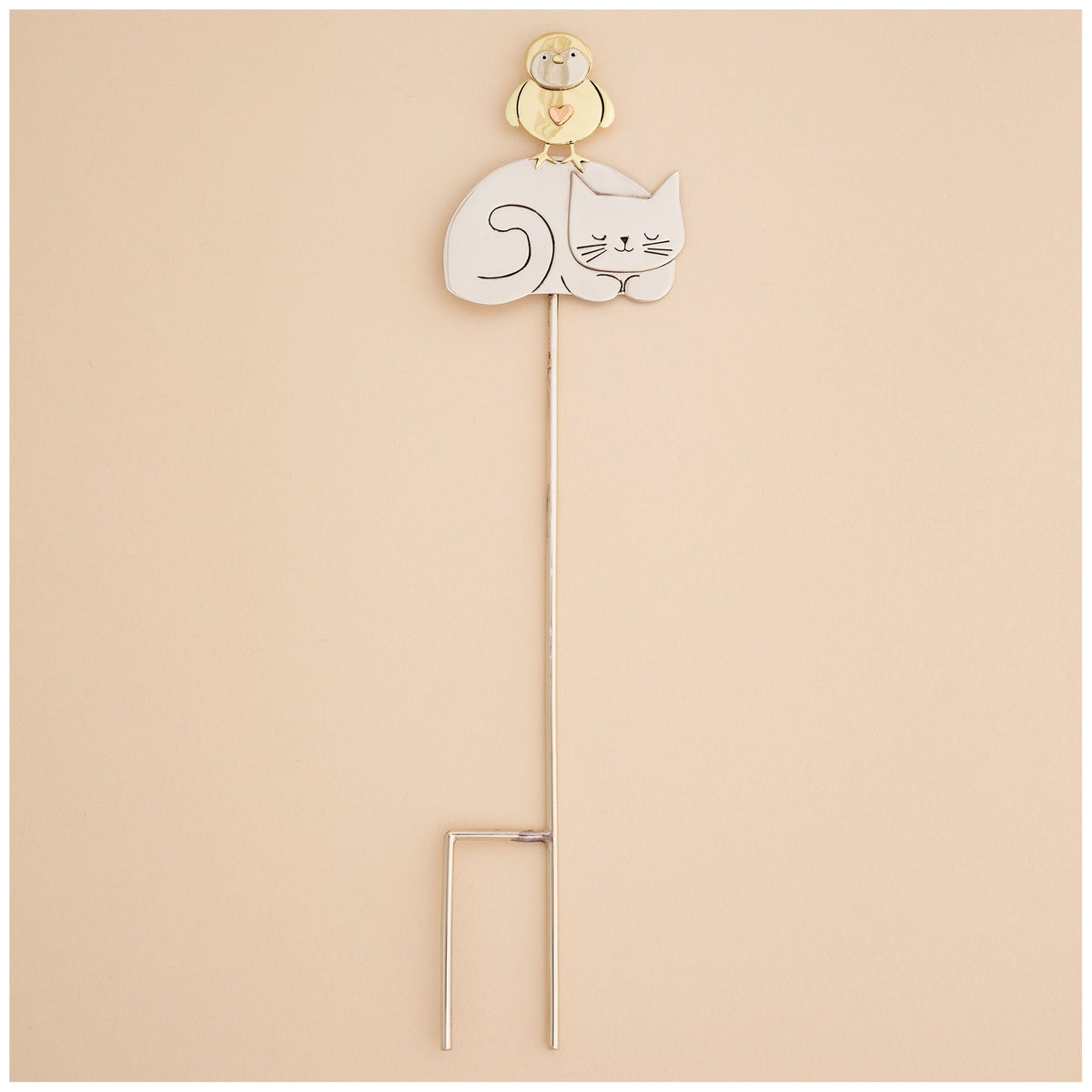 Sleeping Cat & Bird Metal Plant Stake