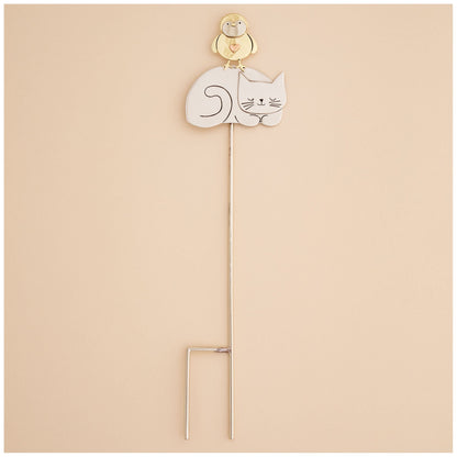 Sleeping Cat & Bird Metal Plant Stake