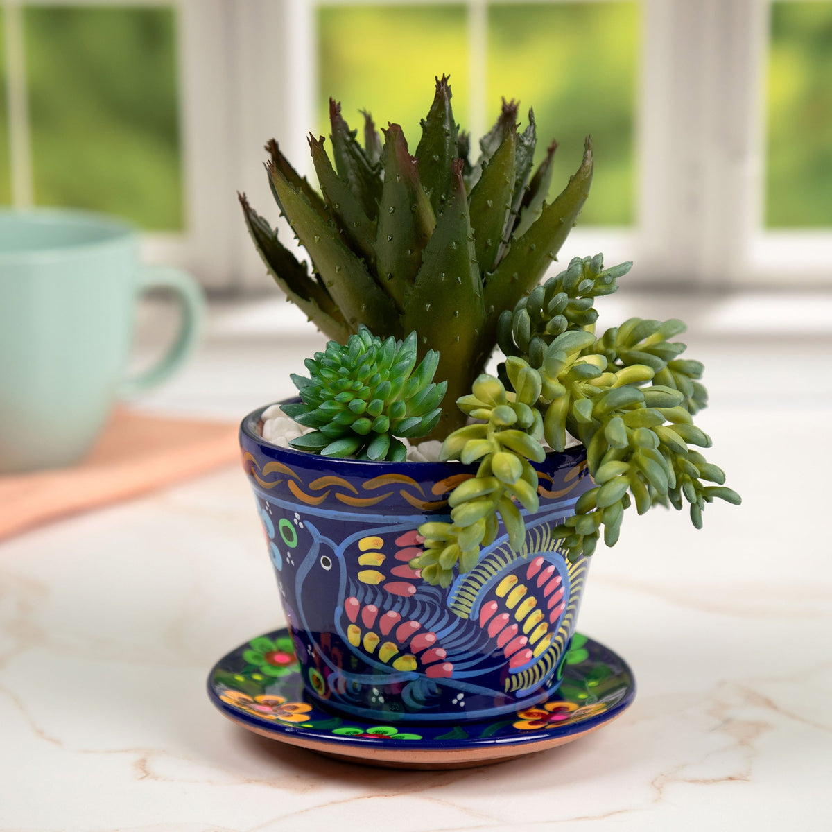 Hand-Painted Fiesta Ceramic Planter & Saucer