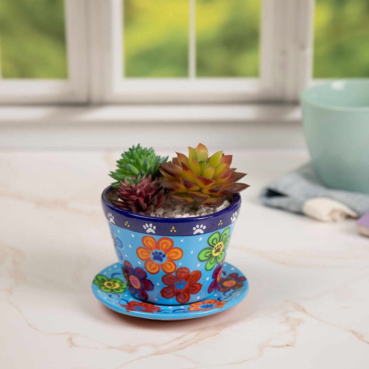 Hand-Painted Paw Print Ceramic Planter & Saucer