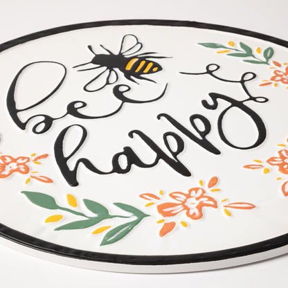 Embossed Bee Happy Metal Patio Wall Sign