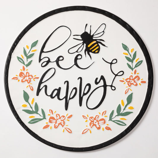 Embossed Bee Happy Metal Patio Wall Sign