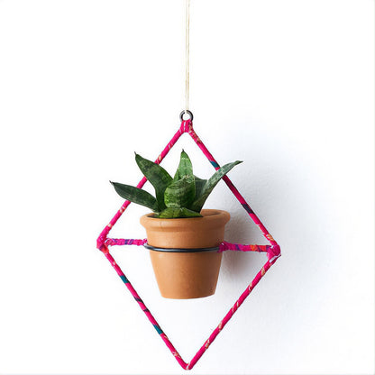 Diamond Sari-Wrapped Hanging Planter detail view