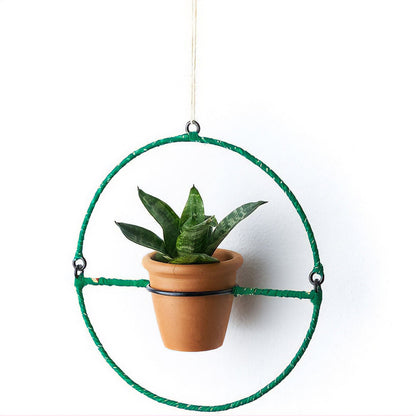 Round Sari-Wrapped Hanging Planter detail view